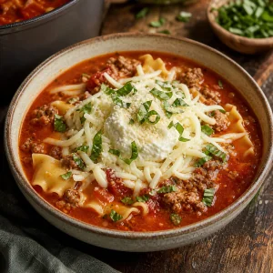 Lasagnesuppe mit Ricotta, Mozzarella, Parmesan und Basilikum