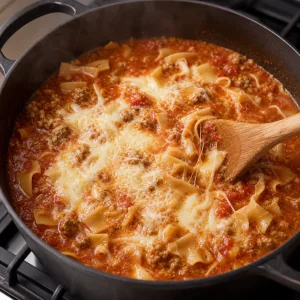Mozzarella und Parmesan schmelzen in der Lasagnesuppe