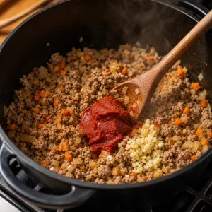 Zwiebel, Karotte, Knoblauch und Tomatenmark im gebratenen Fleisch