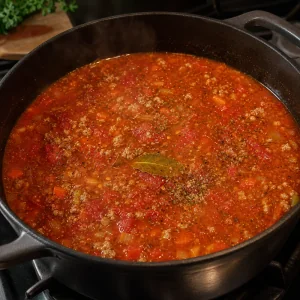 Tomatenbruehe mit Kraeutern und Lorbeerblatt beim Koecheln