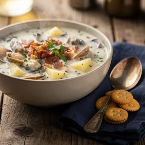 A bowl of creamy New England clam chowder topped with bacon bits and parsley, served with oyster crackers.
