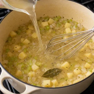 Clear broth poured over potatoes and bay leaf in a Dutch oven