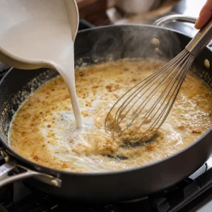 Cream stirred into clam chowder with a whisk