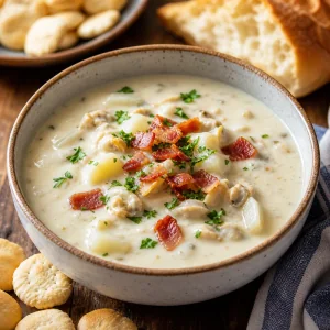 Finished clam chowder topped with bacon and parsley