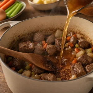 Manzo e verdure nel brodo con il fondo rosolato mescolato
