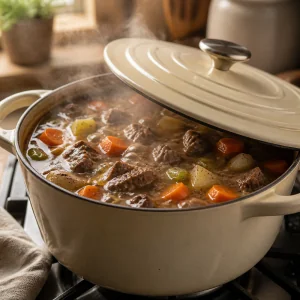 Casseruola coperta con zuppa di manzo e verdure in sobbollizione