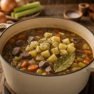 Patate a cubetti, timo e alloro nella zuppa di manzo