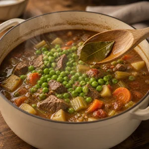 Piselli verdi e alloro sulla zuppa di manzo e verdure