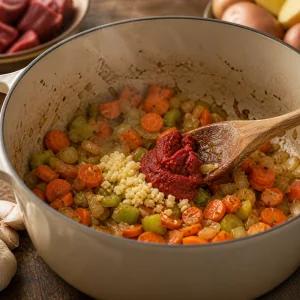 Concentrato di pomodoro e aglio tritato con verdure morbide