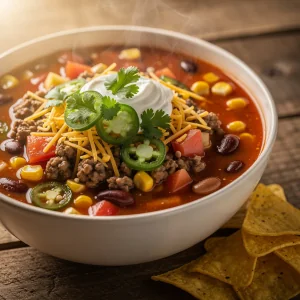 A steaming bowl of taco soup topped with cheese and sour cream next to tortilla chips