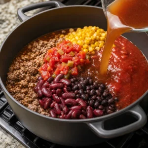 Beans, corn, tomatoes, tomato sauce, and beef broth added to the taco soup pot