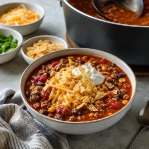 Finished taco soup served with shredded cheese, sour cream, and tortilla chips