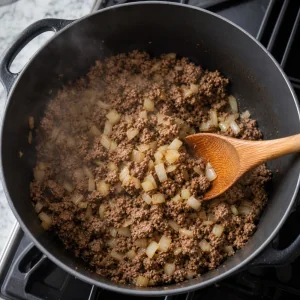Ground beef and diced onion browning in a Dutch oven for taco soup