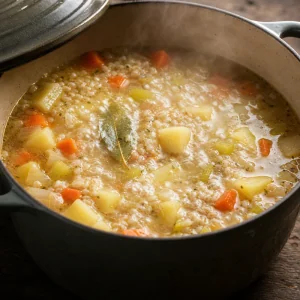 Barley and potato soup gently simmering in a pot