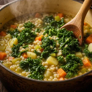 Bright chopped kale stirred into barley vegetable soup