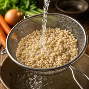 Pearl barley rinsing in a mesh sieve