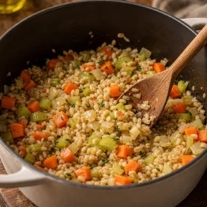 Pearl barley stirred into the vegetable mixture