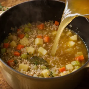 Vegetable broth poured over barley, potatoes, and vegetables