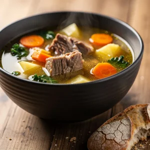 Eine dampfende Schüssel Schweinesuppe mit Fleischstücken, Karotten und Kartoffeln auf einem rustikalen Holztisch
