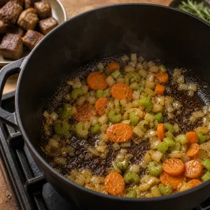 Лук, морковь и сельдерей обжариваются с подрумяненными кусочками