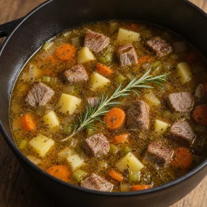 Свинина, картофель, бульон и розмарин в кастрюле