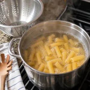 Ziti pasta boiling in salted water with a colander ready