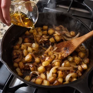 Bourbon wird ueber Zwiebeln und Kartoffeln gegossen, um die Pfanne abzulosen