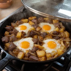 Abgedeckte Pfanne mit Steak-Hash und Eiern, bis das Eiweiss stockt