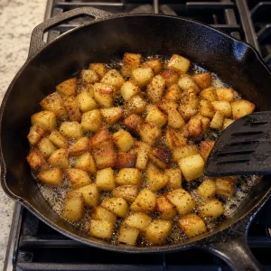 Gewuerfelte Kartoffeln braten in Butter und Olivenoel goldbraun