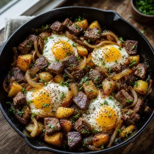 Fertiger Steak-Eier-Hash mit Kraeutern in einer Gusseisenpfanne