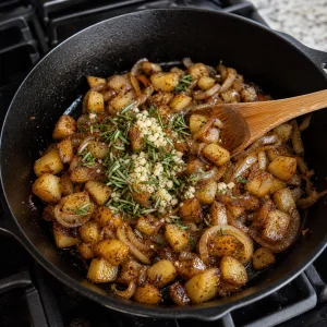 Knoblauch und Rosmarin werden unter goldene Kartoffeln und glasierte Zwiebeln geruehrt