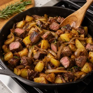 Angebratenes Steak mit Kartoffeln und Bourbon-glasierten Zwiebeln vermengt