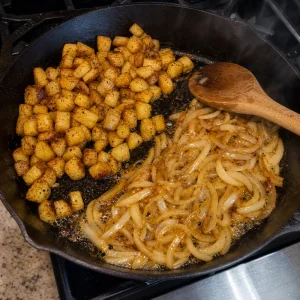 Zwiebelscheiben braten neben knusprigen Kartoffeln in einer Gusseisenpfanne