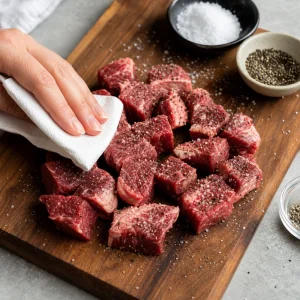 Steakwuerfel trocken getupft und mit Salz und schwarzem Pfeffer gewuerzt