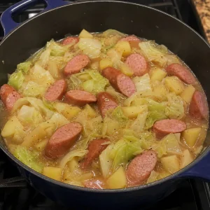 Frankfurter slices nestled into simmering cabbage and potatoes