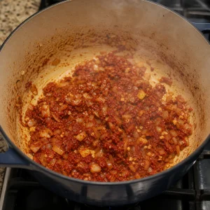 Garlic, caraway, tomato paste and brown sugar cooked with onions