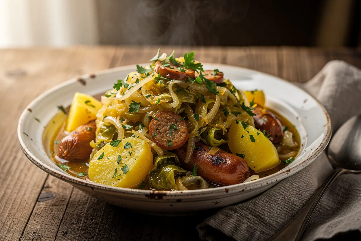 Hearty Stewed Cabbage with Smoky Frankfurters & Potatoes