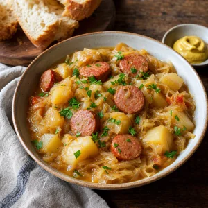 Hot stewed cabbage with potatoes and frankfurters garnished with parsley