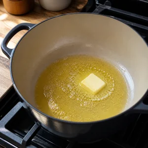 Olive oil and butter shimmering in a large Dutch oven