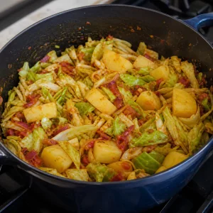 Shredded cabbage and potato chunks tossed in the onion tomato base