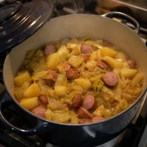 Tender cabbage, potatoes and frankfurters after a covered simmer