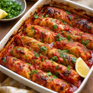 Involtini vegetariani di cavolo al forno in salsa di pomodoro con prezzemolo e limone