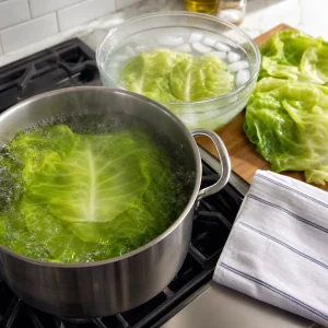 Foglie di cavolo sbollentate in acqua bollente accanto a una ciotola con ghiaccio