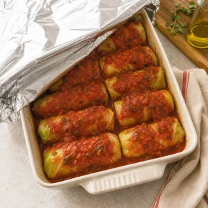 Involtini di cavolo disposti con la chiusura in basso e coperti di salsa di pomodoro