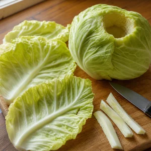 Cavolo verde privato del torsolo con grandi foglie esterne separate e rifilate