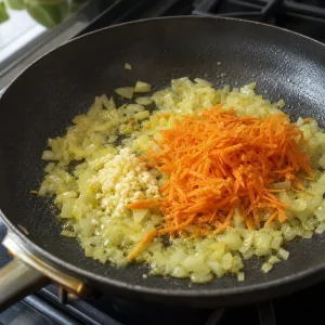 Cipolla, aglio e carota grattugiata che si ammorbidiscono nell olio d oliva