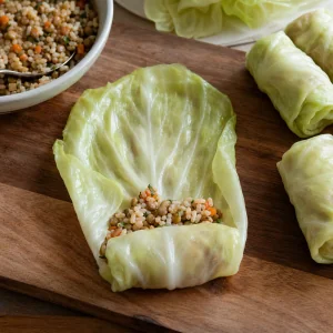 Ripieno di riso e lenticchie ripiegato in una foglia di cavolo sbollentata