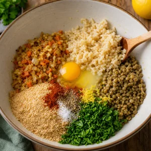Ripieno di riso e lenticchie mescolato con verdure saltate, prezzemolo e paprika affumicata