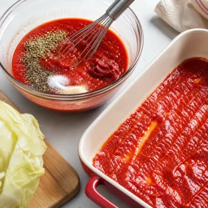 Salsa di pomodoro alle erbe mescolata e stesa sul fondo della pirofila