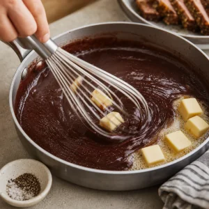 Kalte Butter wird in reduzierte Rotweinsauce eingeruehrt, bis sie glaenzt